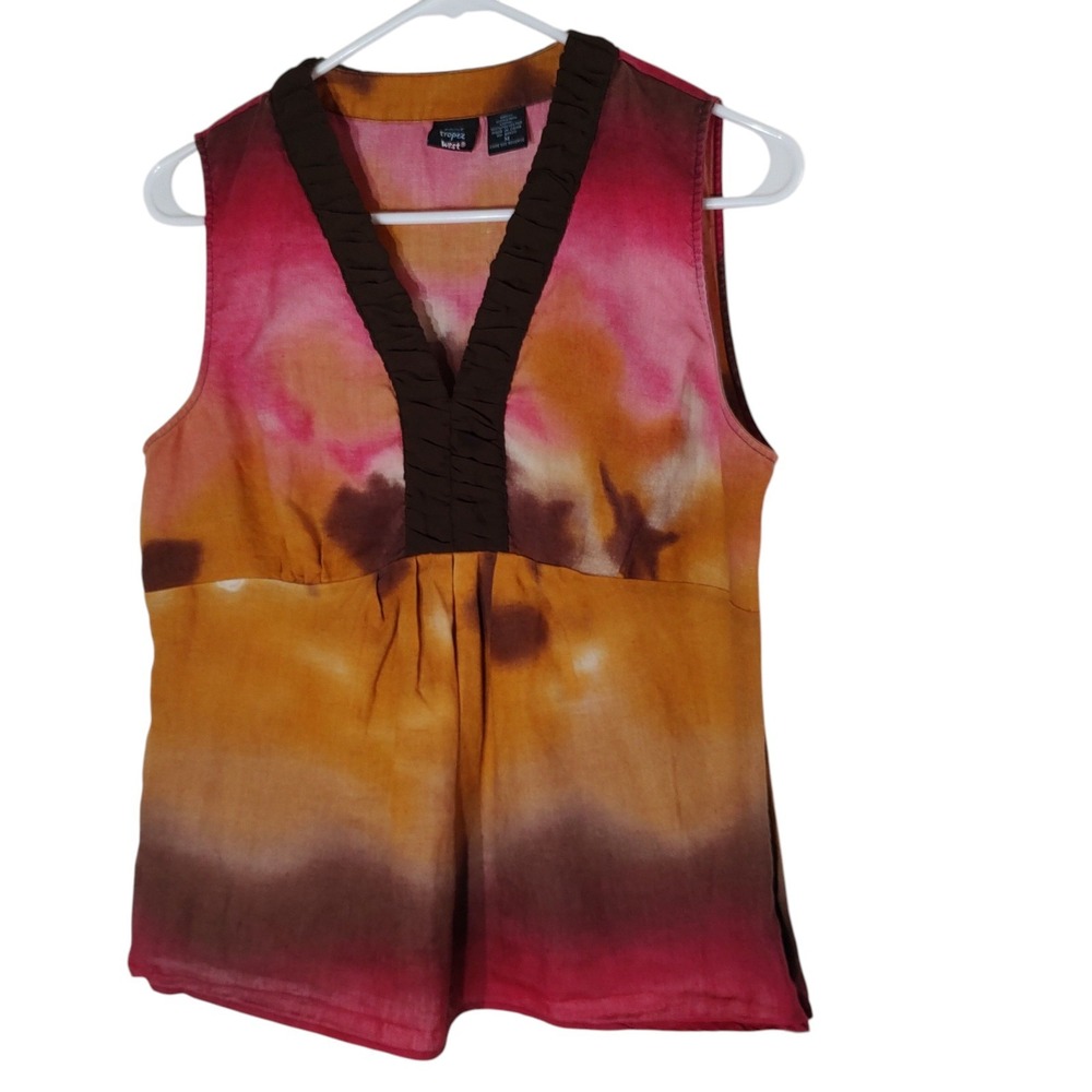Saint Tropez West Linen Top Blouse Sleeveless Red Yellow Tie Dye Womens‎ Medium